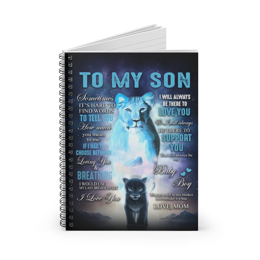 Spiral Notebook To My Son from MOM Lion Mother Dark Blue Vintage Print White Fleece - Halloween, Birthday Ruled Line