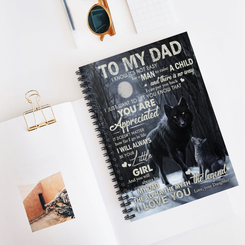 Spiral Notebook To My dad from Daughter Wolf Father Moon Night Blanket White Fleece Blanket, Father Blanket, Daddy Present idea, Dad, idea, Family Ruled Line