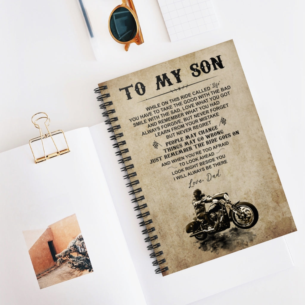 Spiral Notebook Biker to My Son While On This Ride Called Life Love Dad Satin Ruled Line