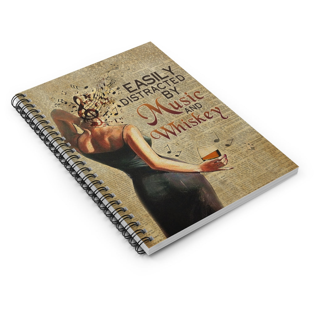 Spiral Notebook Meaningful Gifts Vintage Easily Distracted by Music and Whiskey Ruled Line Keepsake Spiral Notebook Gift On Birthday Keep sake Spiral Notebook Gift On Birthday