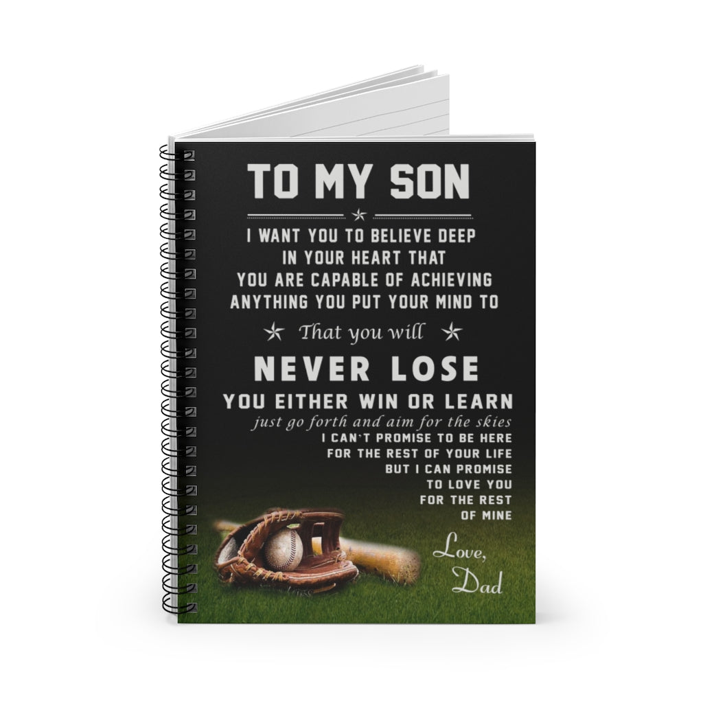 Spiral Notebook Baseball Poster - to My Son - Love Dad Family Friend Gift Unisex, Awesome Birthday Perfect Happy Birthday Gift Ruled Line