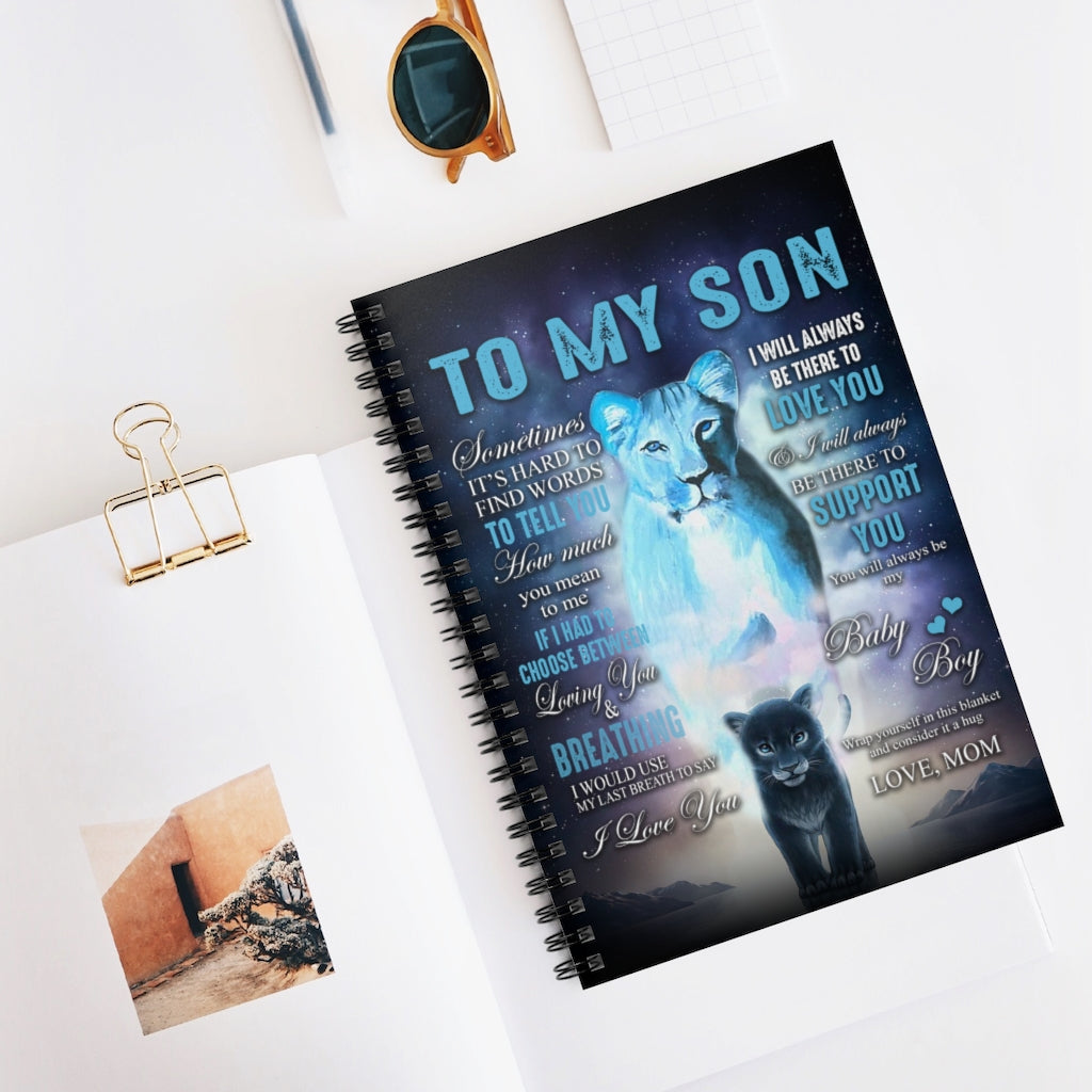 Spiral Notebook To My Son from MOM Lion Mother Dark Blue Vintage Print White Fleece - Halloween, Birthday Ruled Line