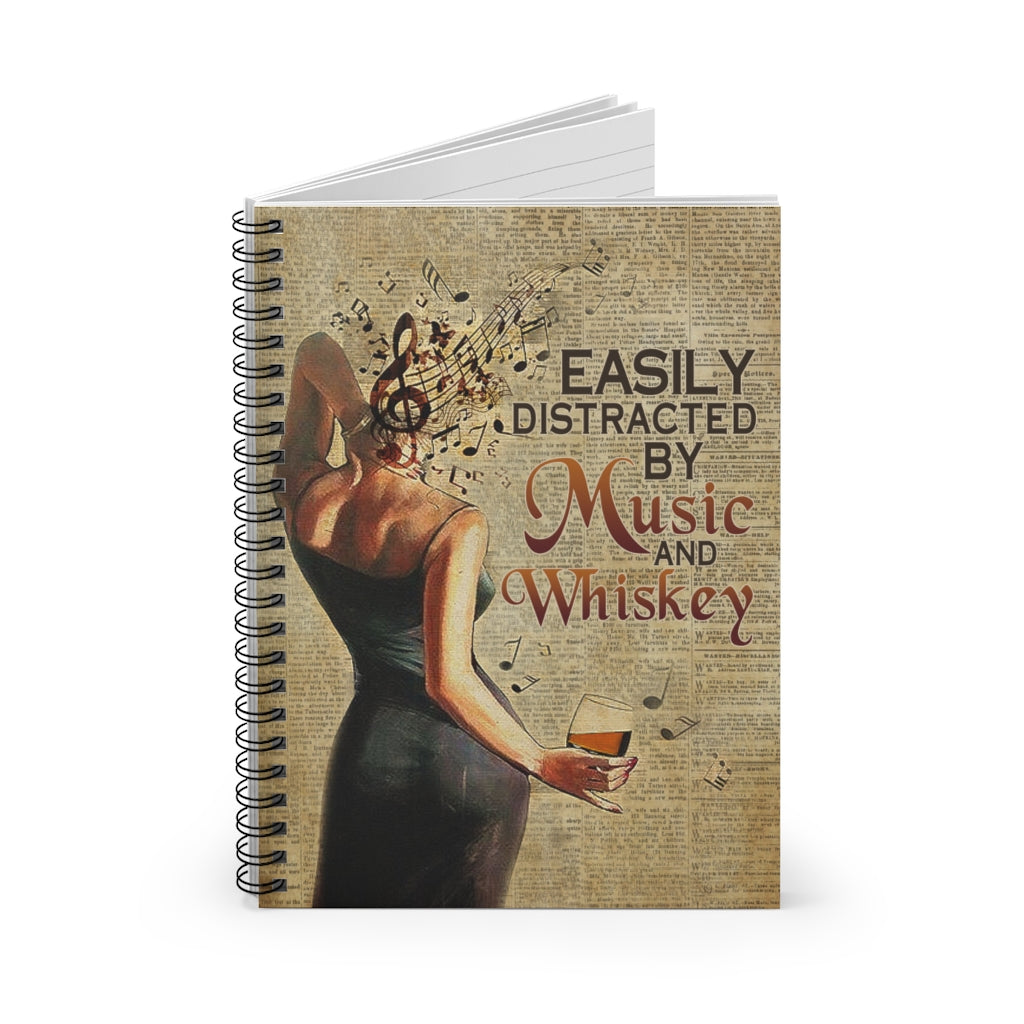 Spiral Notebook Meaningful Gifts Vintage Easily Distracted by Music and Whiskey Ruled Line Keepsake Spiral Notebook Gift On Birthday Keep sake Spiral Notebook Gift On Birthday