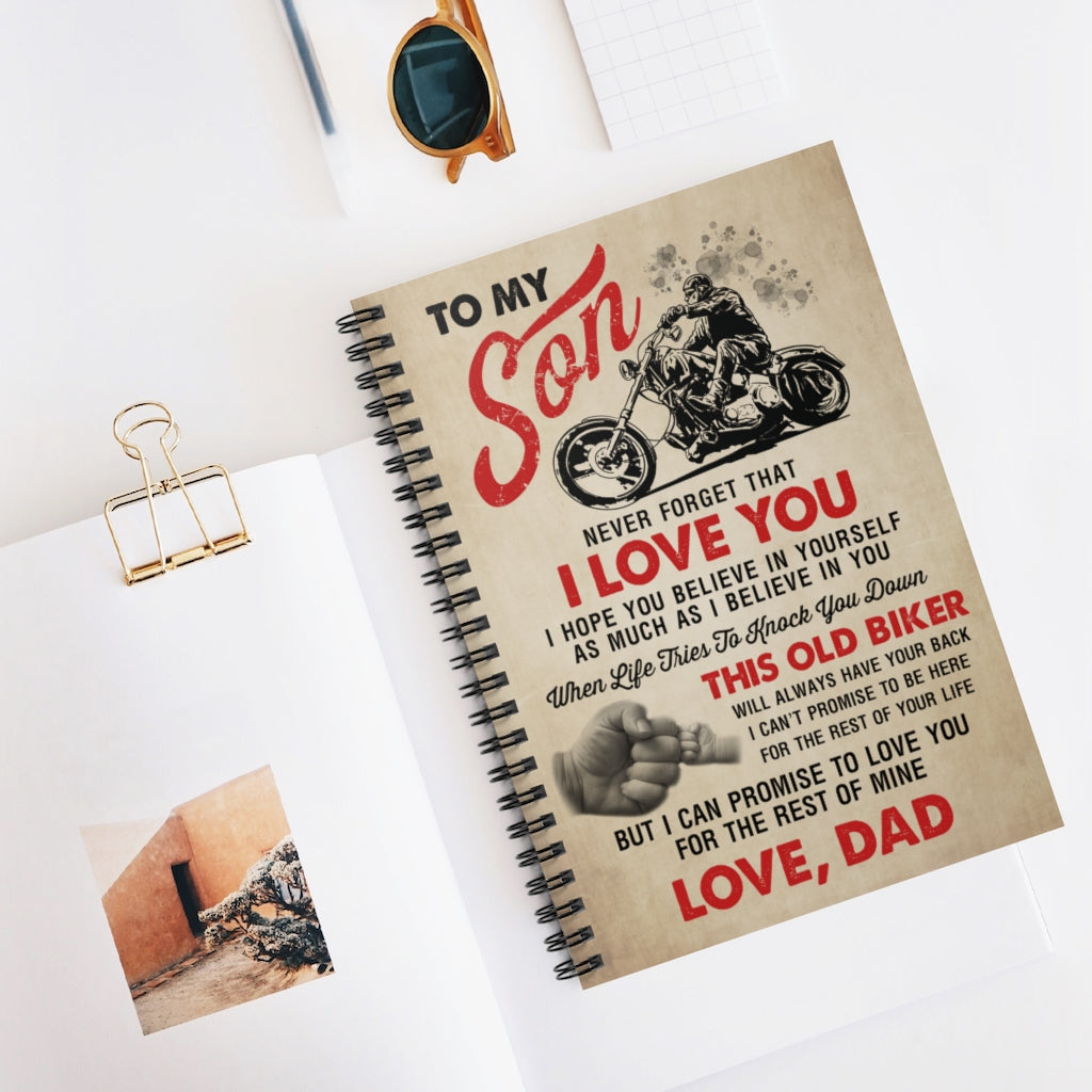Spiral Notebook Awesome Quote Paper Old Biker Dad to My Son Never Forget That I Love You – Gift Family Unisex Awesome On Birthday Ruled Line