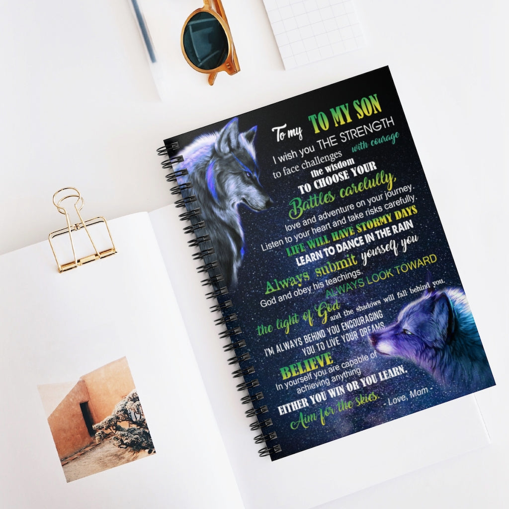 Spiral Notebook - Ruled Line To my Son Listen to your heart and take risks carefully life will have stormy days Mum Gift New Parents Gift Ideas