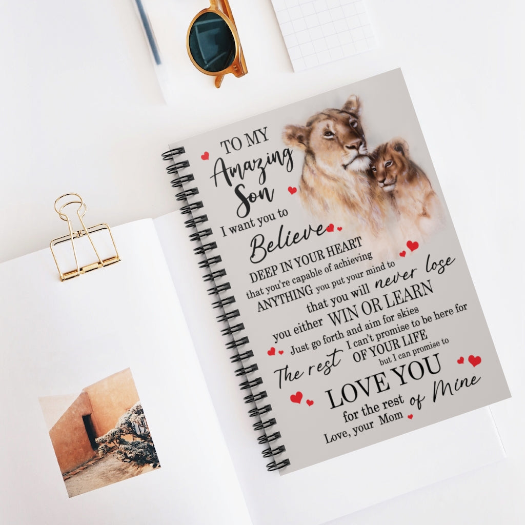 Spiral Notebook to My Amazing Son- Custom Name Birthday Celebration Gift for Son Daughter Grandson Granddaughter Ruled Line