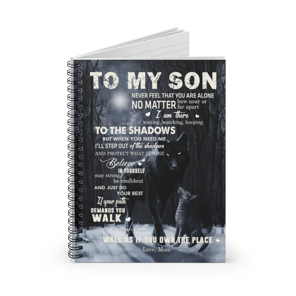 Spiral Notebook To My Son from Wolf Mom Moon Dark Forest Family Love Letter Quote Vintage Retro Art Picture Print White Ruled Line