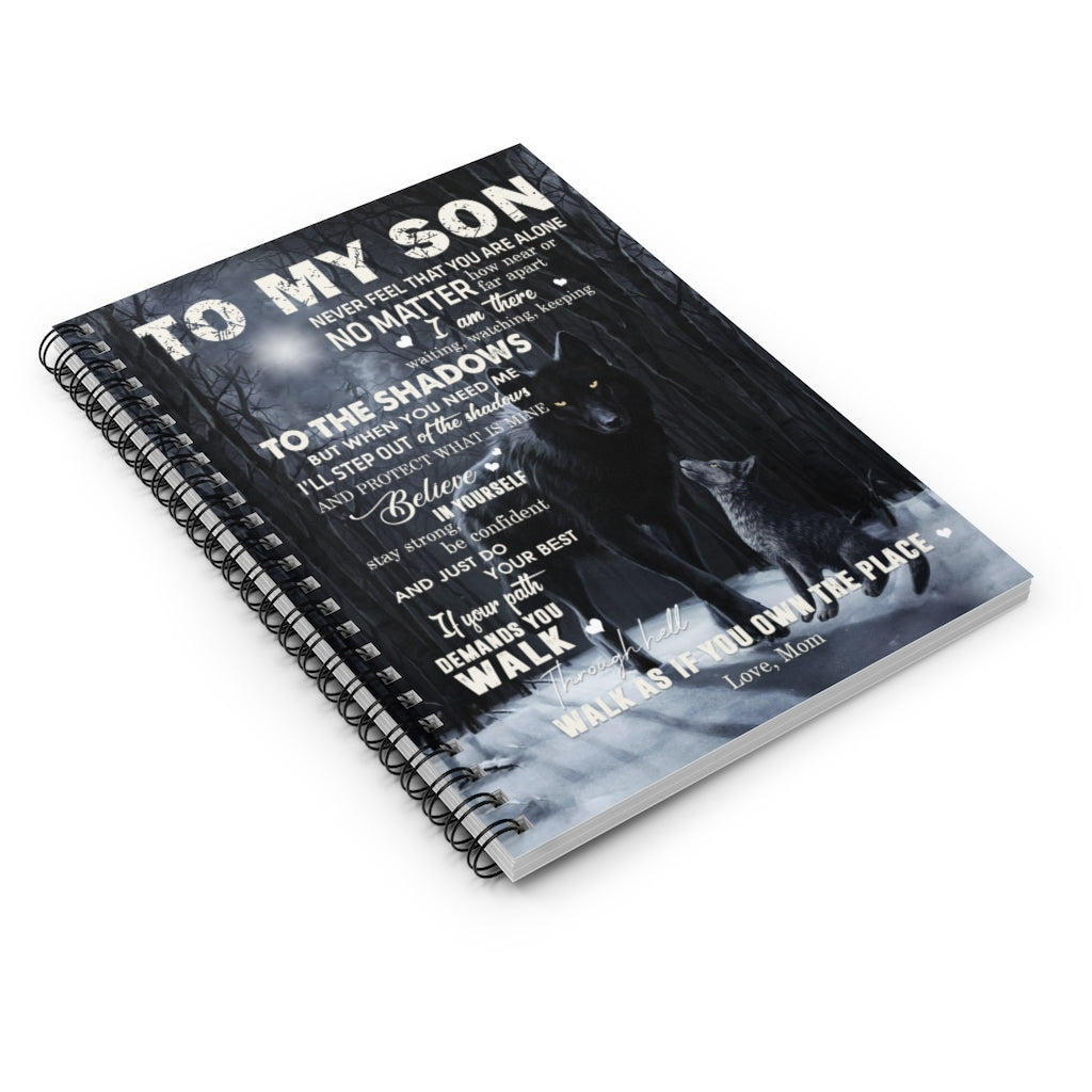 Spiral Notebook To My Son from Wolf Mom Moon Dark Forest Family Love Letter Quote Vintage Retro Art Picture Print White Ruled Line