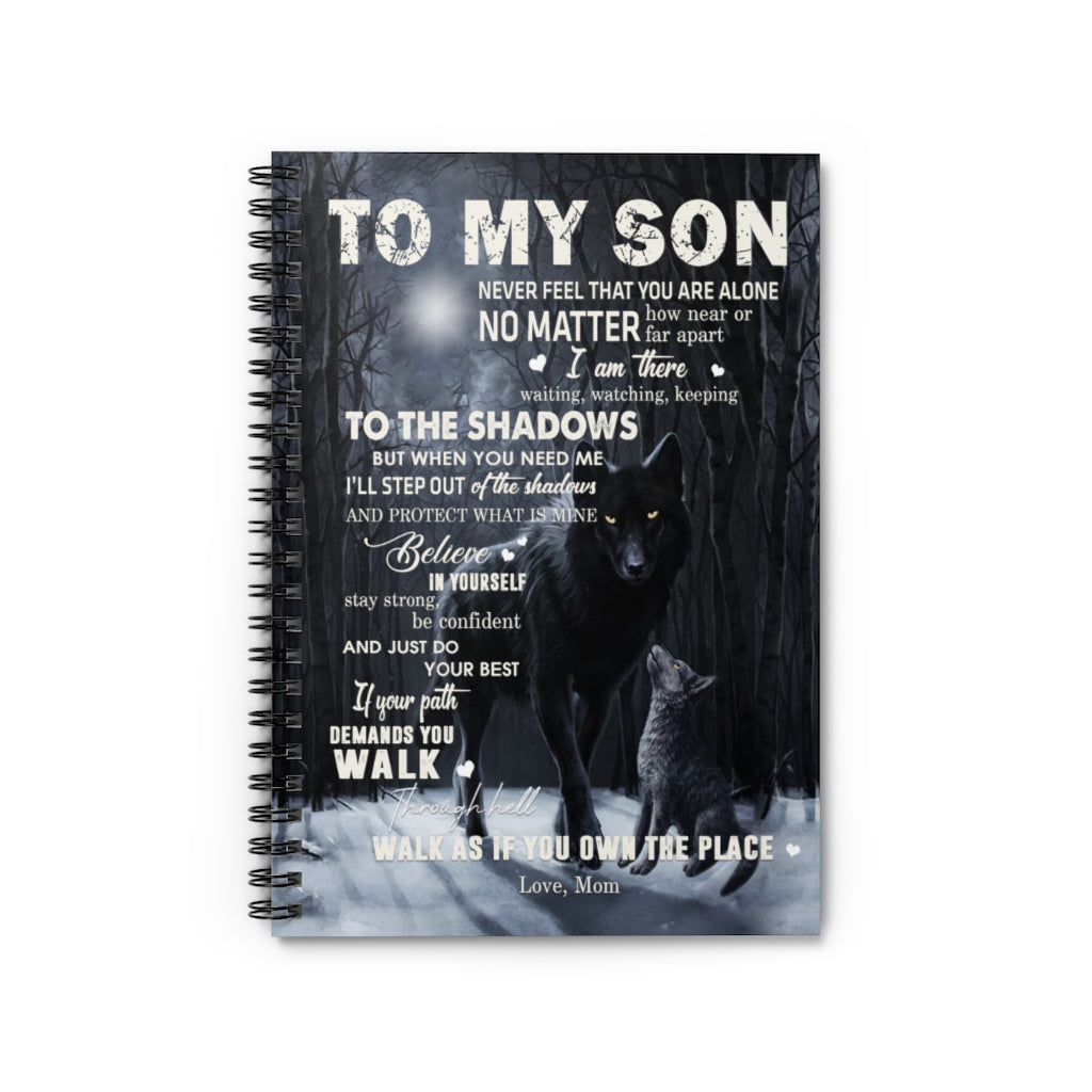 Spiral Notebook To My Son from Wolf Mom Moon Dark Forest Family Love Letter Quote Vintage Retro Art Picture Print White Ruled Line