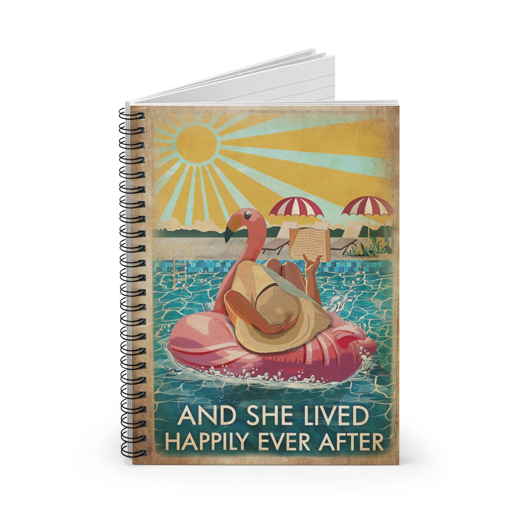 Spiral Notebook Flamingo Pool Girl Reading Book Lived Happily Stationery Gift Spiral Notebooks Soft Cover 118 Pages Lined Notebook Personalized Notebook