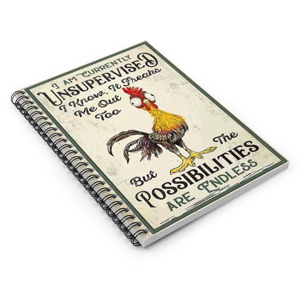 Classic Ruled Notebook Chicken I Am Currently Unsupervised Framed Spiral Notebook Classic Ruled NotebookJournal Stationery Gift - Gift - Business - Office - Party - School Supplies Job Journal