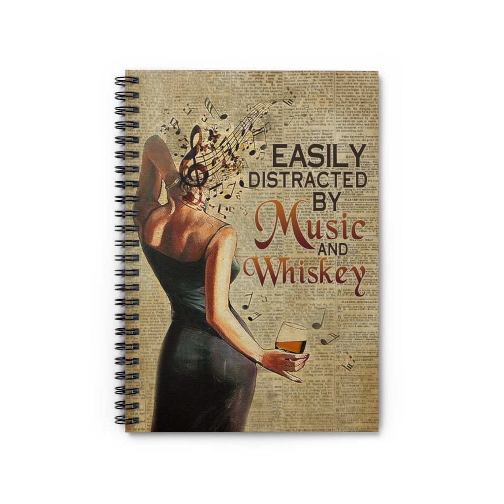 Spiral Notebook Meaningful Gifts Vintage Easily Distracted by Music and Whiskey Ruled Line Keepsake Spiral Notebook Gift On Birthday Keep sake Spiral Notebook Gift On Birthday