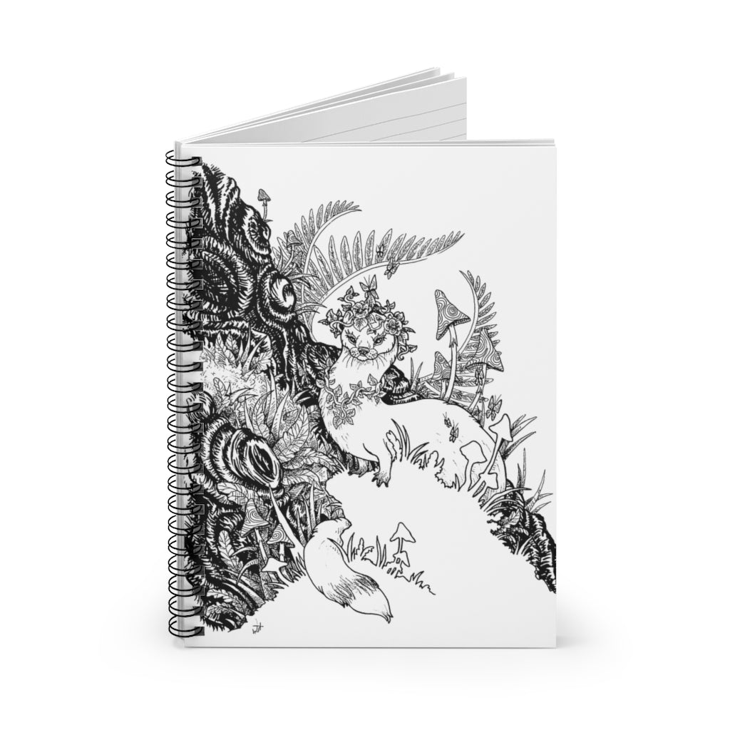 Spiral Notebook Ferret Weasel Animal Wall Art Print Magical Landscape Fairytale Nursery Kids Black and White Illustration Ruled Line