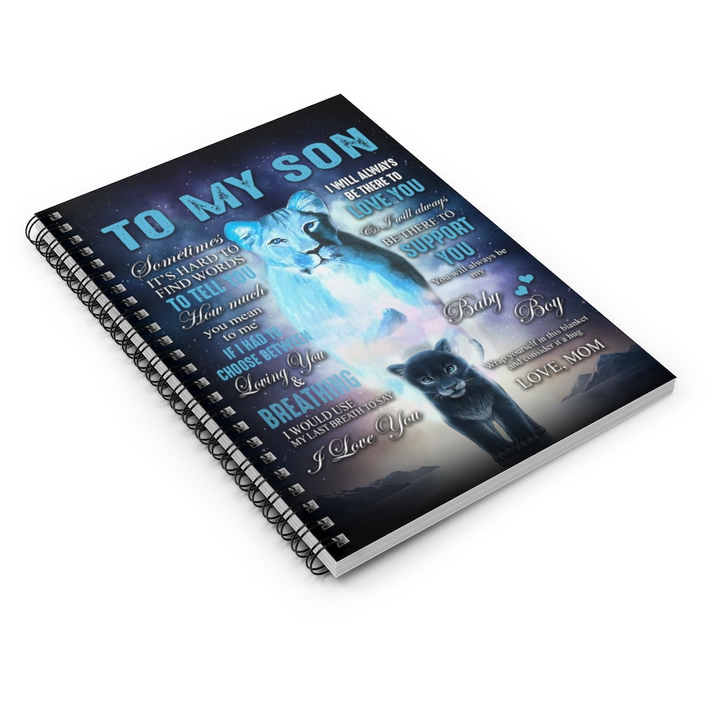 Spiral Notebook To My Son from MOM Lion Mother Dark Blue Vintage Print White Fleece - Halloween, Birthday Ruled Line