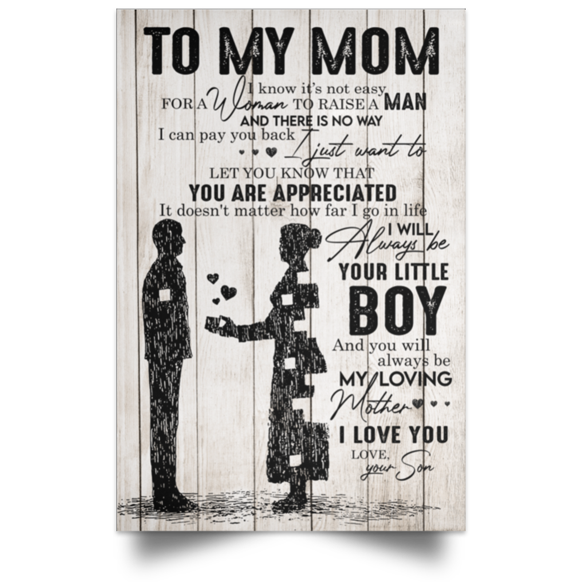 Inspirational Vertical Poster To My Mom I Know It’s Not Easy for a Woman Who Raises A Man, Son To Mom Gifts Ideas for Birthday, Mother's Day, Sublimation Paper 11x17 POSPO Satin Portrait Poster