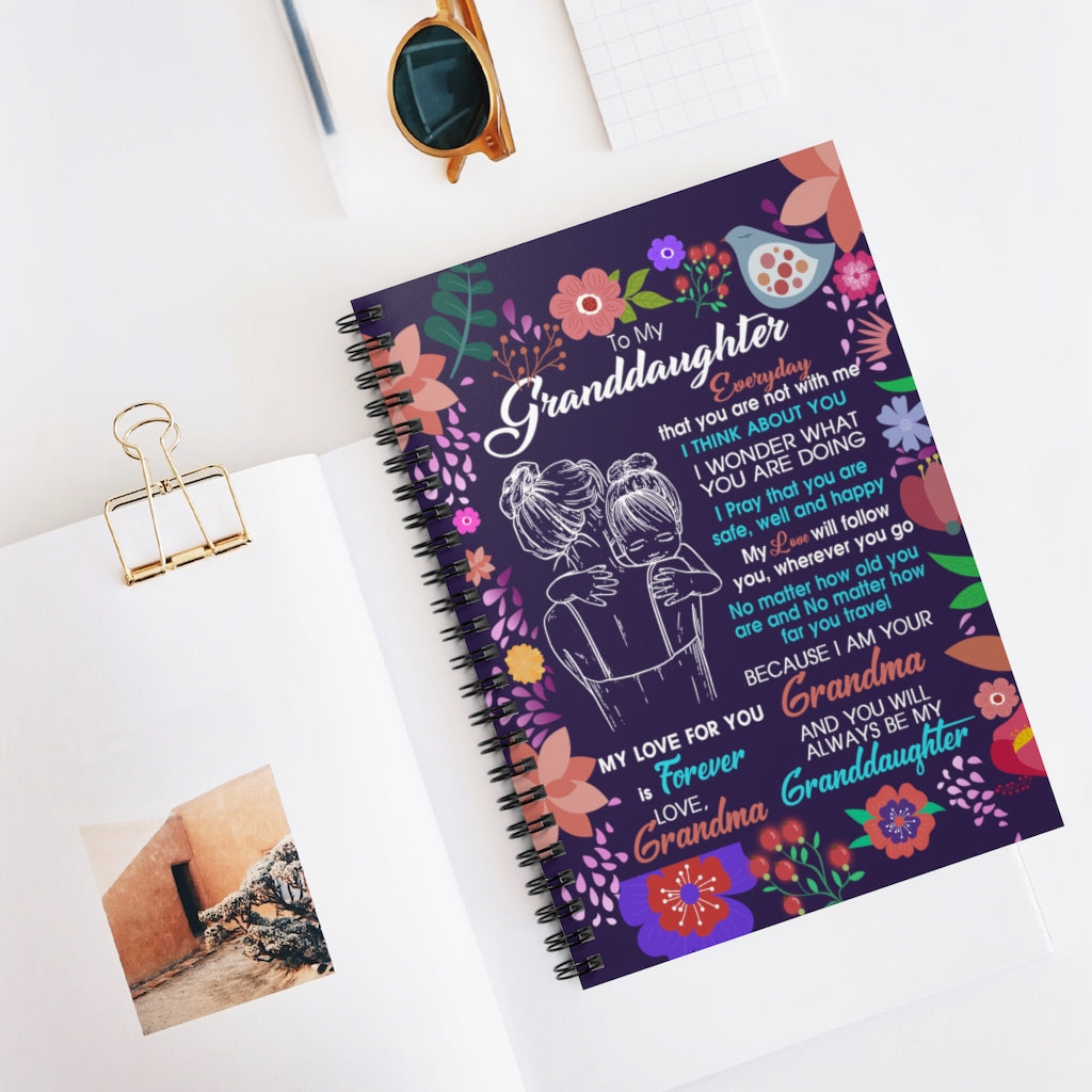 Spiral Notebook To My Granddaughter from Grandma Family Love Letter Quote Violet Flower Illustration Painting Vintage Retro Ruled Line