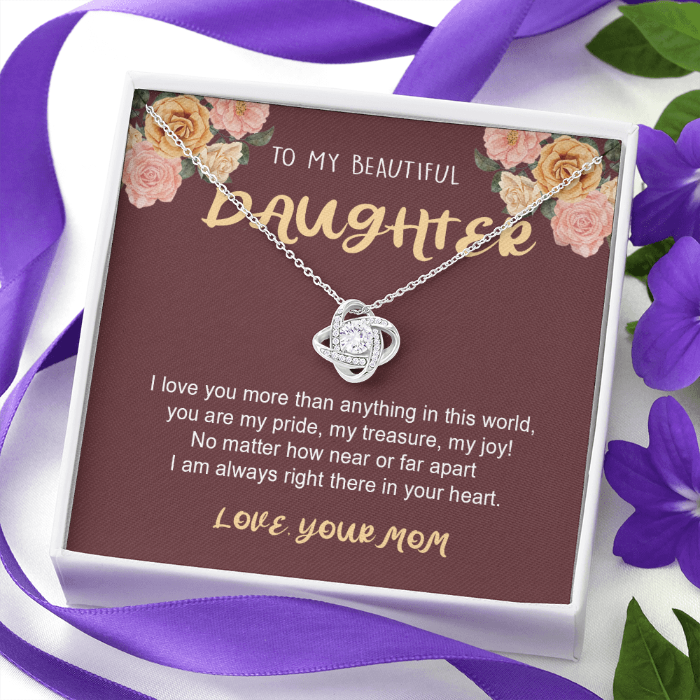 To My Daughter from Mom, I Love My Life Because It Gave Me You, Daughter Necklace Gift, Jewelry Gift for Birthday Xmas, Unique Mom Gift, Love Knot Necklace (Standard Box) Love Knot Necklaces With Box Card 001