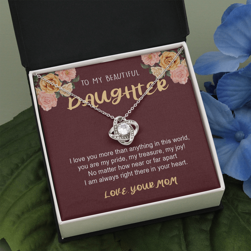 To My Daughter from Mom, I Love My Life Because It Gave Me You, Daughter Necklace Gift, Jewelry Gift for Birthday Xmas, Unique Mom Gift, Love Knot Necklace (Standard Box) Love Knot Necklaces With Box Card 001