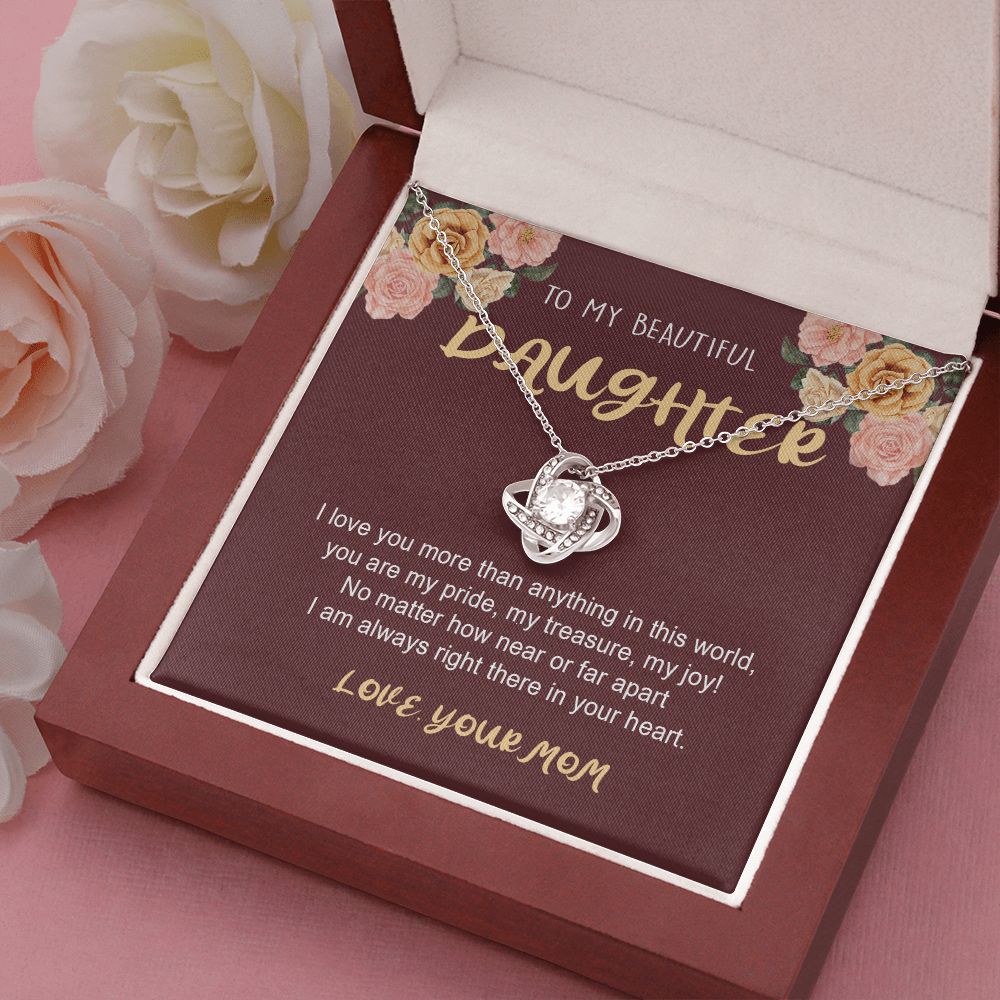 To My Daughter from Mom, I Love My Life Because It Gave Me You, Daughter Necklace Gift, Jewelry Gift for Birthday Xmas, Unique Mom Gift, Love Knot Necklace (Standard Box) Love Knot Necklaces With Box Card 001