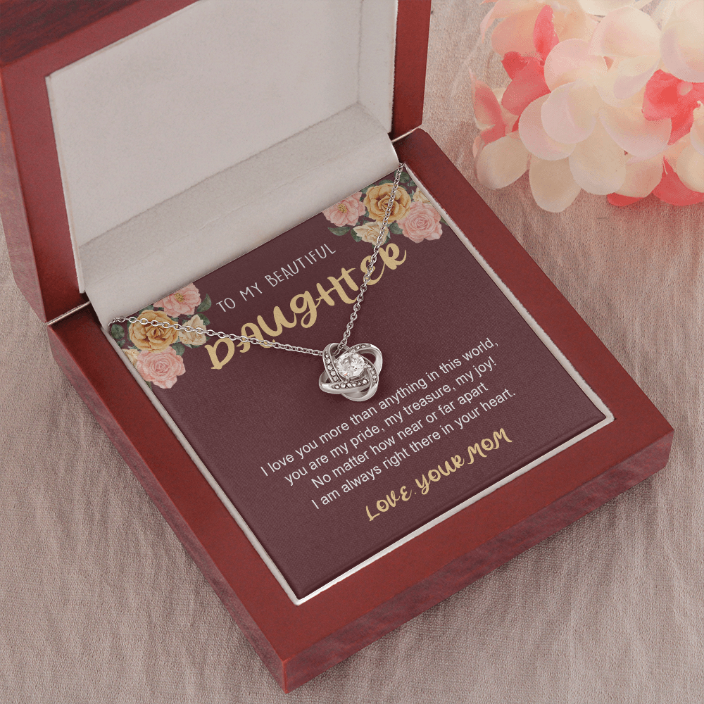 To My Daughter from Mom, I Love My Life Because It Gave Me You, Daughter Necklace Gift, Jewelry Gift for Birthday Xmas, Unique Mom Gift, Love Knot Necklace (Standard Box) Love Knot Necklaces With Box Card 001