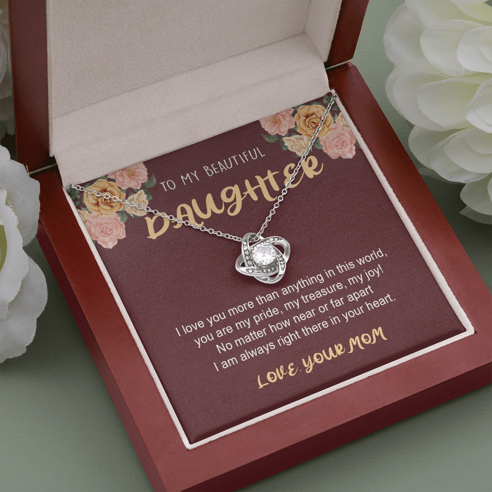 To My Daughter from Mom, I Love My Life Because It Gave Me You, Daughter Necklace Gift, Jewelry Gift for Birthday Xmas, Unique Mom Gift, Love Knot Necklace (Standard Box) Love Knot Necklaces With Box Card 001