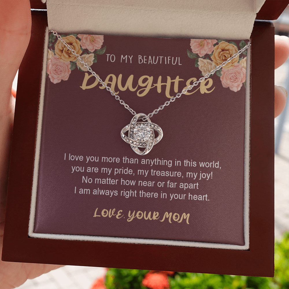 To My Daughter from Mom, I Love My Life Because It Gave Me You, Daughter Necklace Gift, Jewelry Gift for Birthday Xmas, Unique Mom Gift, Love Knot Necklace (Standard Box) Love Knot Necklaces With Box Card 001