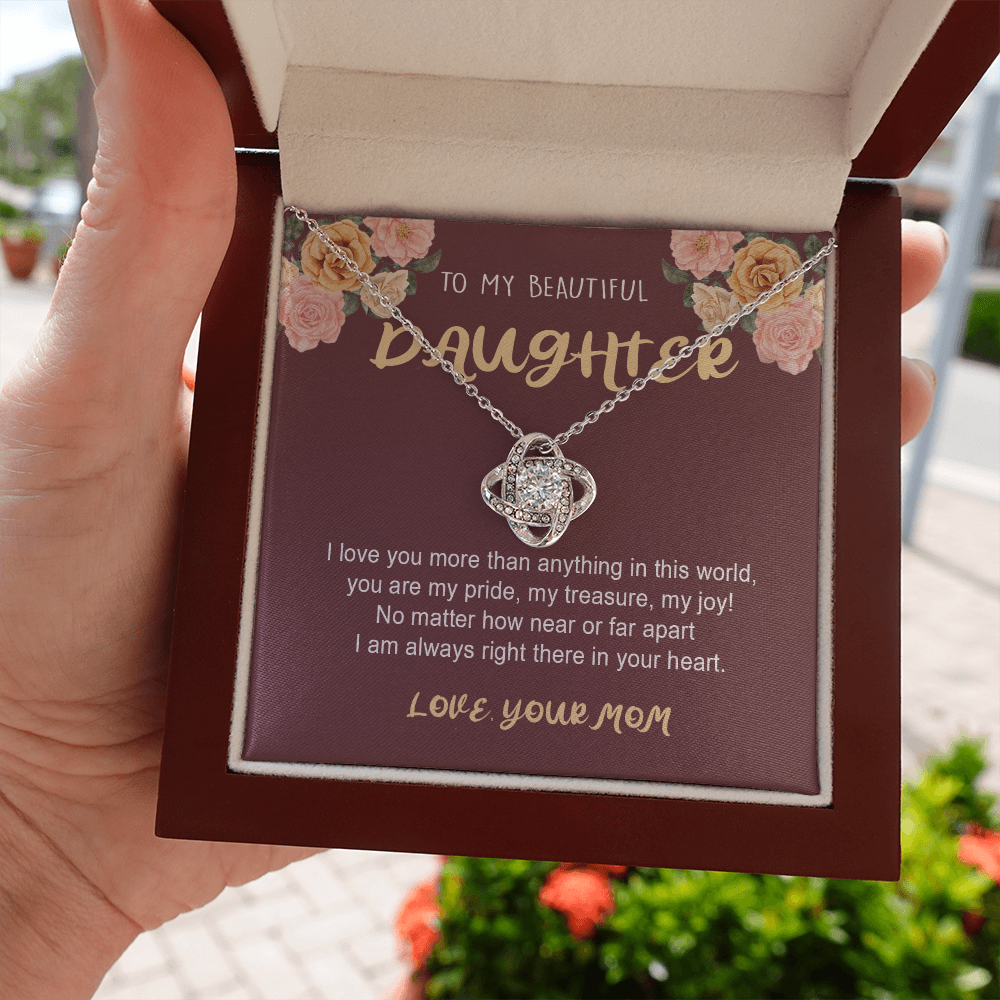 To My Daughter from Mom, I Love My Life Because It Gave Me You, Daughter Necklace Gift, Jewelry Gift for Birthday Xmas, Unique Mom Gift, Love Knot Necklace (Standard Box) Love Knot Necklaces With Box Card 001
