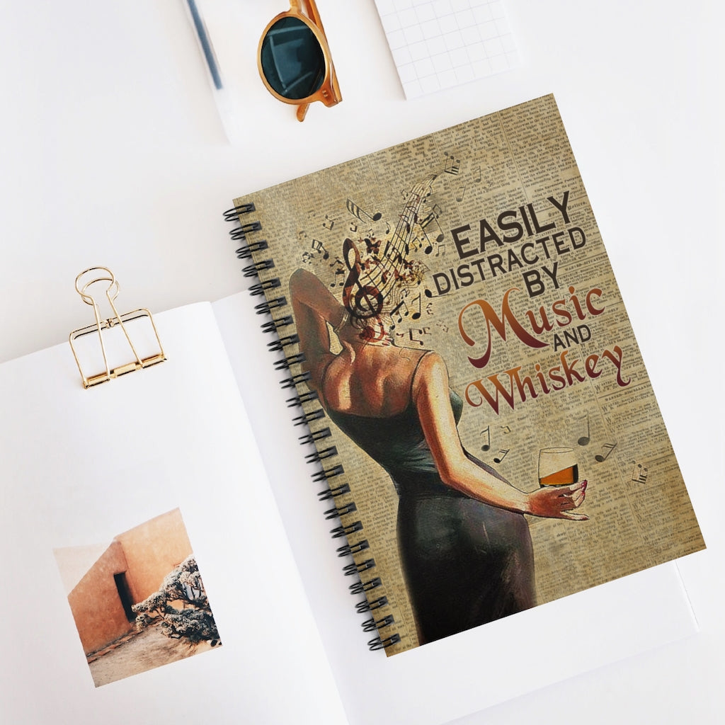 Spiral Notebook Meaningful Gifts Vintage Easily Distracted by Music and Whiskey Ruled Line Keepsake Spiral Notebook Gift On Birthday Keep sake Spiral Notebook Gift On Birthday
