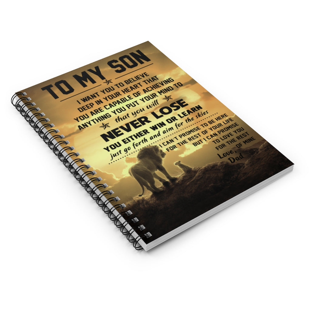 Spiral Notebook Meaningful Quote The Lion King Dad to My Son Promise to Love You Family Friend Gift Unisex, Awesome Birthday Perfect Happy Birthday Gift Ruled Line