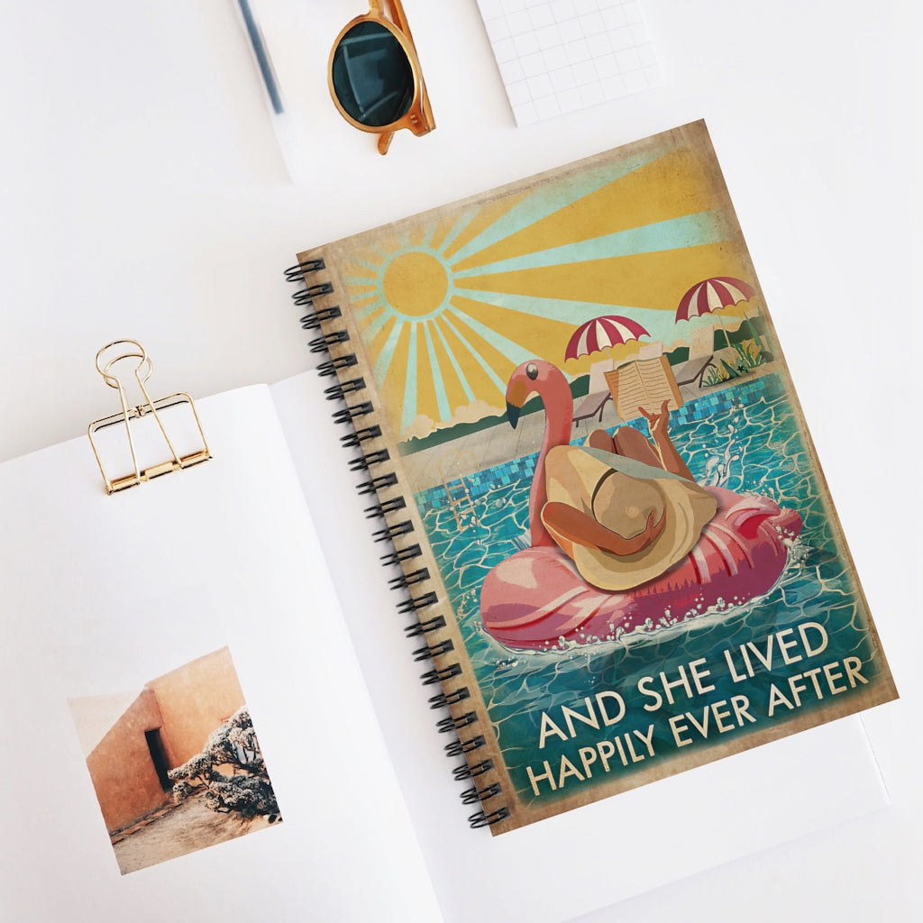 Spiral Notebook Flamingo Pool Girl Reading Book Lived Happily Stationery Gift Spiral Notebooks Soft Cover 118 Pages Lined Notebook Personalized Notebook