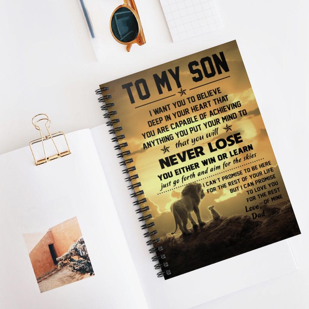 Spiral Notebook Meaningful Quote The Lion King Dad to My Son Promise to Love You Family Friend Gift Unisex, Awesome Birthday Perfect Happy Birthday Gift Ruled Line