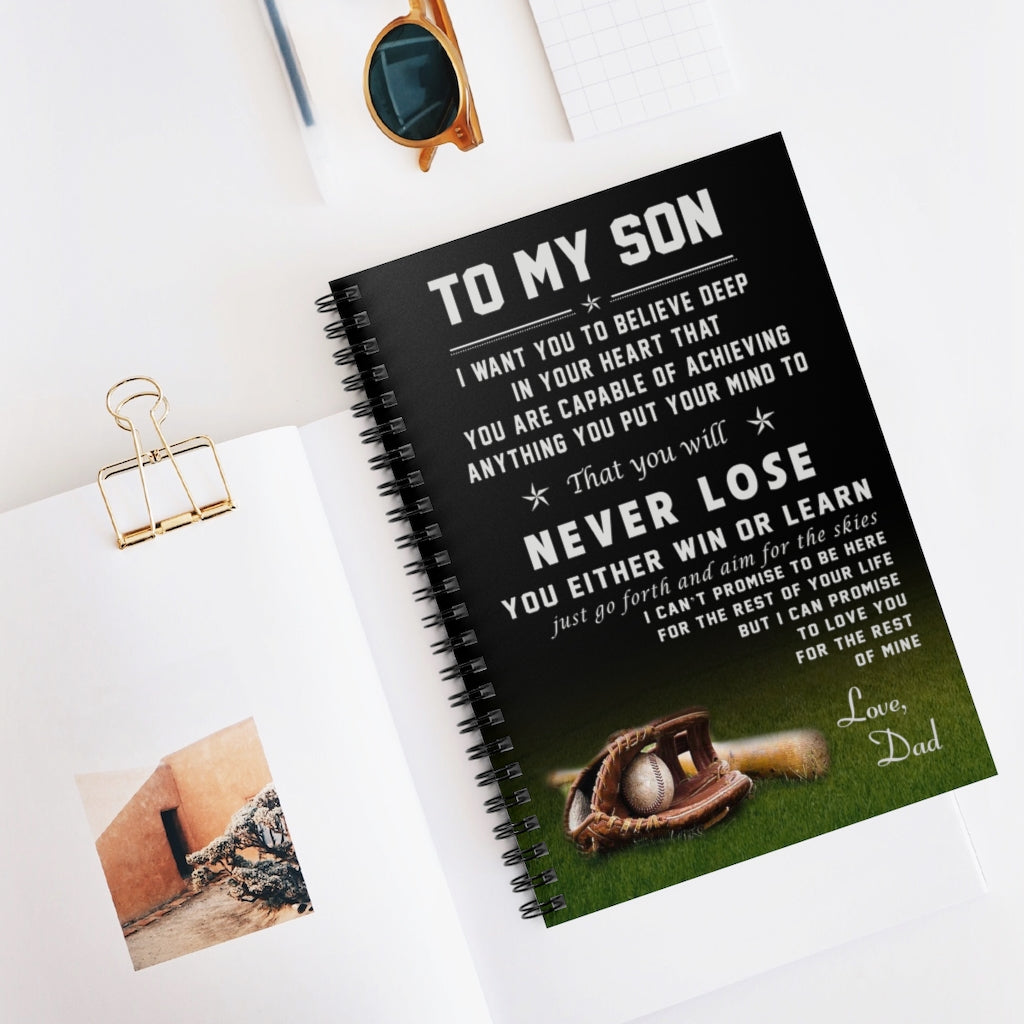 Spiral Notebook Baseball Poster - to My Son - Love Dad Family Friend Gift Unisex, Awesome Birthday Perfect Happy Birthday Gift Ruled Line
