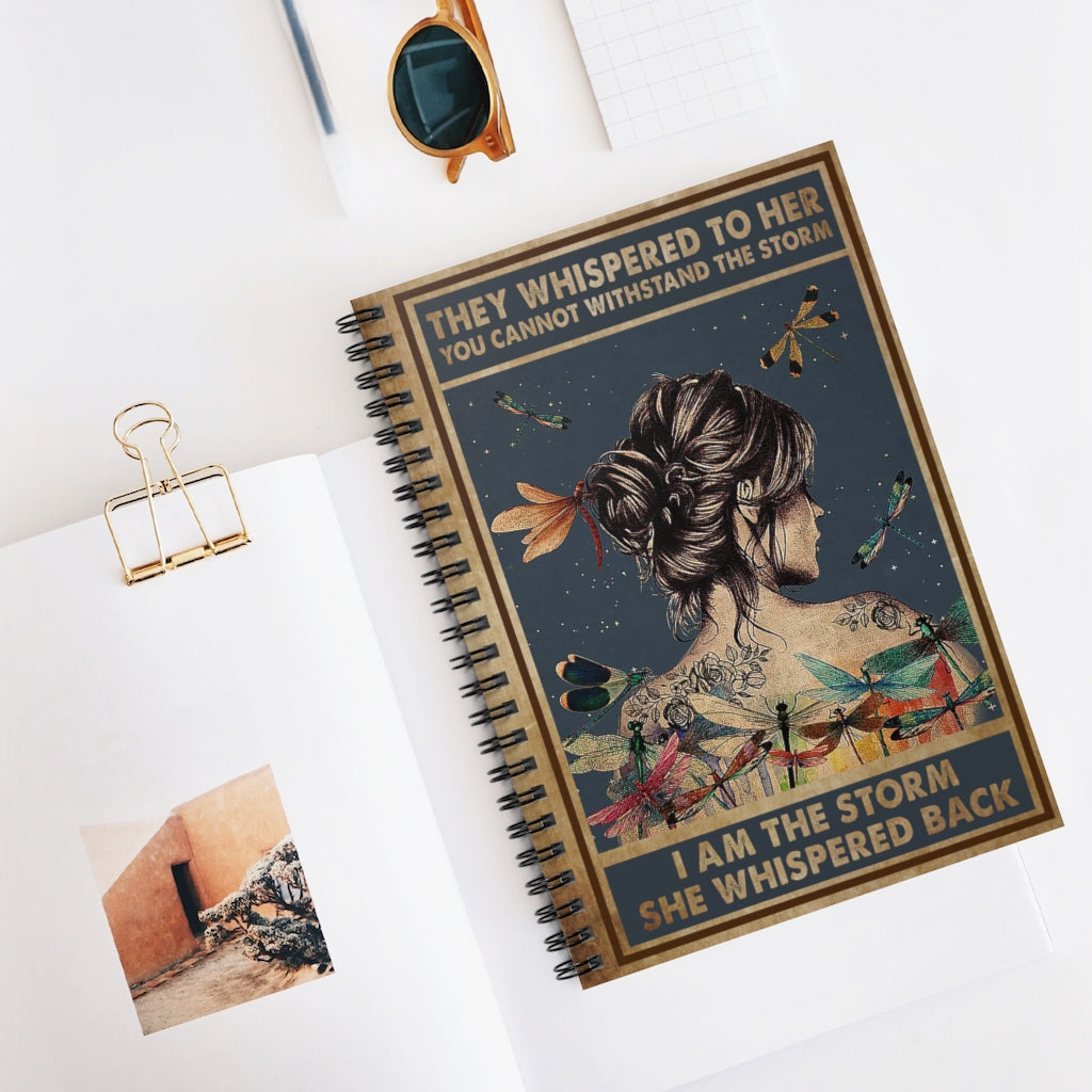 Spiral Notebook Hippie Dragonfly They Whispered to Her You Cannot Withstand The Storm Satin Personalised Notebook, New Baby, Baby Shower