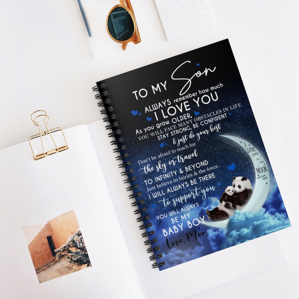 Spiral Notebook Panda to My Son I Love You to The Moon and Back I'll Always Be There to Support You Love Mom Ruled Line