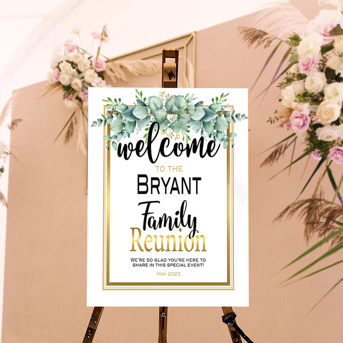 Personalized Family Reunion Welcome Sign, Family Reunion Party Sign, Eucalyptus Branches Greenery On White, Family Welcome Sign, Custom Family Reunion Signs, Plastic Sign Weatherproof