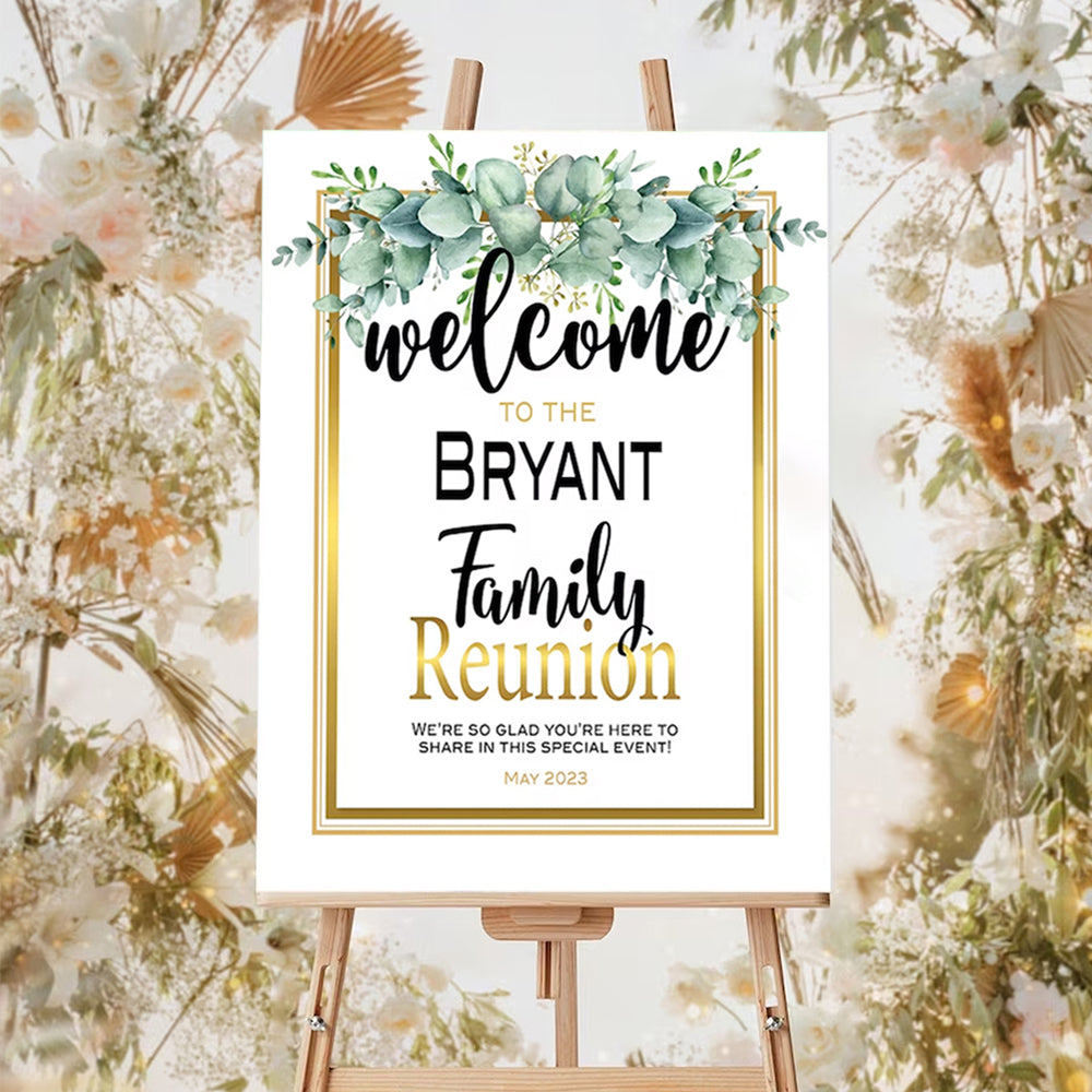 Personalized Family Reunion Welcome Sign, Family Reunion Party Sign, Eucalyptus Branches Greenery On White, Family Welcome Sign, Custom Family Reunion Signs, Plastic Sign Weatherproof