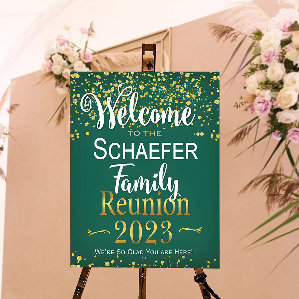 Family Reunion Personalized Green And Gold Welcome Sign , Family Reunion Party Sign, Family Welcome Sign, Custom Family Reunion Signs, Plastic Sign Weatherproof (Green)