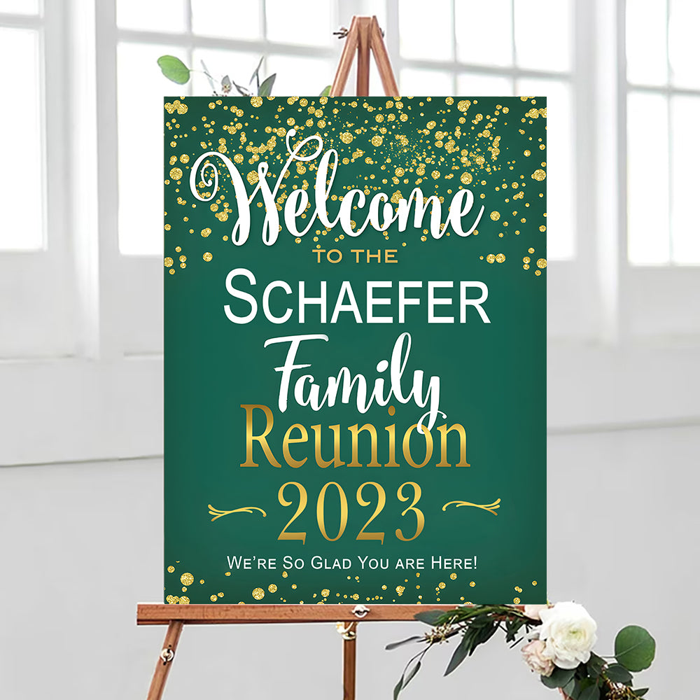 Family Reunion Personalized Green And Gold Welcome Sign , Family Reunion Party Sign, Family Welcome Sign, Custom Family Reunion Signs, Plastic Sign Weatherproof (Green)