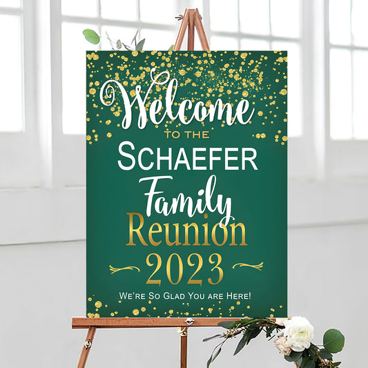 Family Reunion Personalized Green And Gold Welcome Sign , Family Reunion Party Sign, Family Welcome Sign, Custom Family Reunion Signs, Plastic Sign Weatherproof (Green)