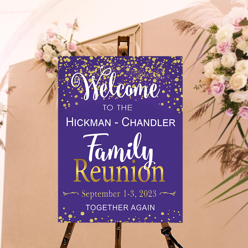 Family Reunion Personalized Green And Gold Welcome Sign , Family Reunion Party Sign, Family Welcome Sign, Custom Family Reunion Signs, Plastic Sign Weatherproof (Purple)