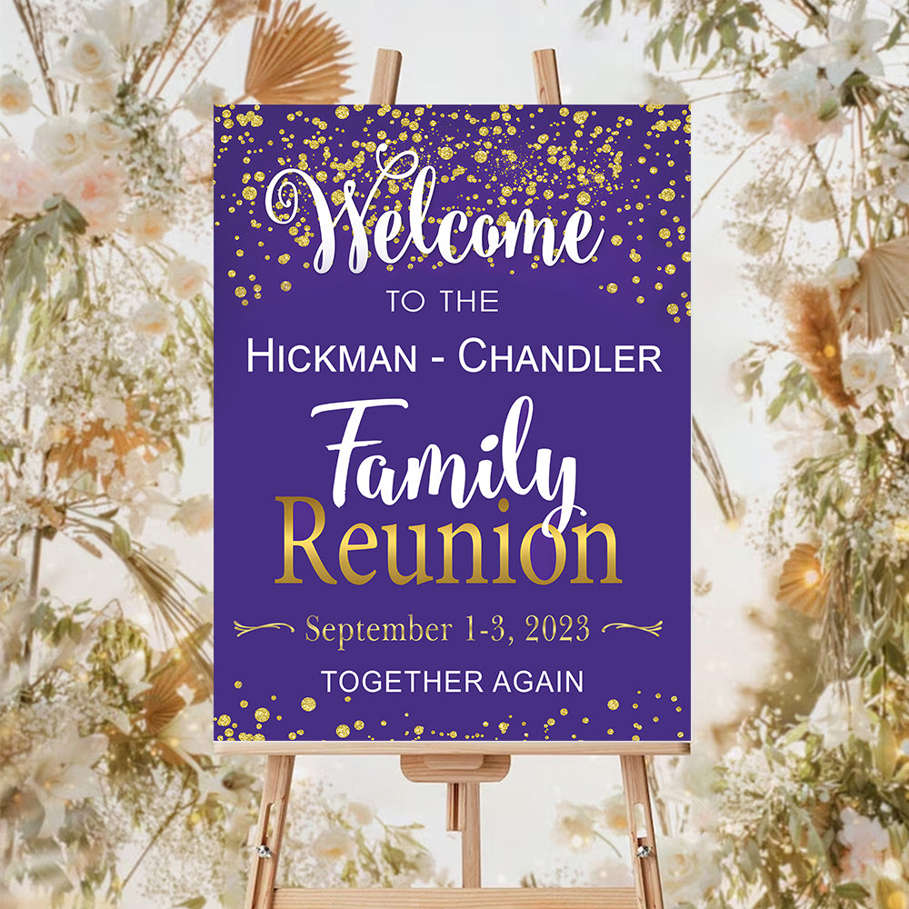 Family Reunion Personalized Green And Gold Welcome Sign , Family Reunion Party Sign, Family Welcome Sign, Custom Family Reunion Signs, Plastic Sign Weatherproof (Purple)