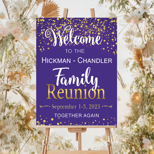 Family Reunion Personalized Green And Gold Welcome Sign , Family Reunion Party Sign, Family Welcome Sign, Custom Family Reunion Signs, Plastic Sign Weatherproof (Purple)