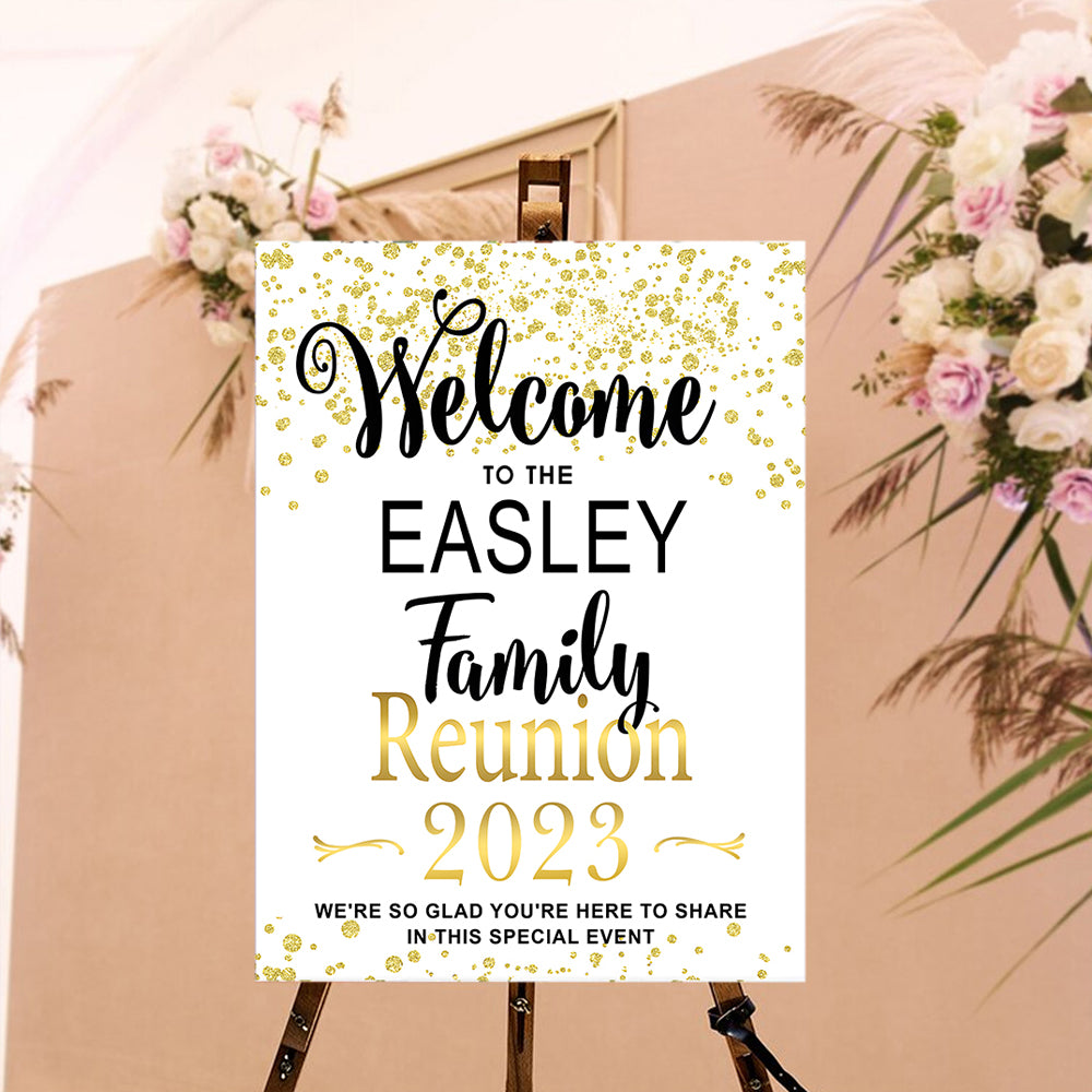 Family Reunion Personalized Green And Gold Welcome Sign , Family Reunion Party Sign, Family Welcome Sign, Custom Family Reunion Signs, Plastic Sign Weatherproof (White)