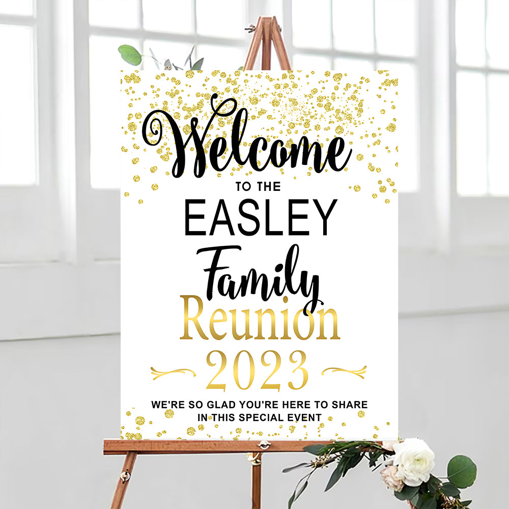 Family Reunion Personalized Green And Gold Welcome Sign , Family Reunion Party Sign, Family Welcome Sign, Custom Family Reunion Signs, Plastic Sign Weatherproof (White)