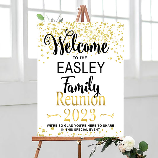 Family Reunion Personalized Green And Gold Welcome Sign , Family Reunion Party Sign, Family Welcome Sign, Custom Family Reunion Signs, Plastic Sign Weatherproof (White)
