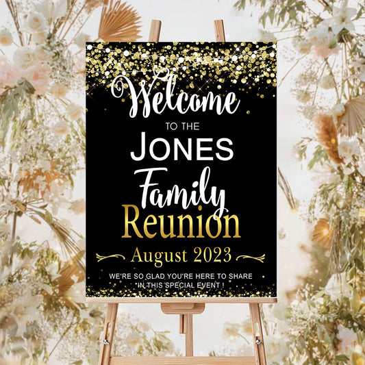 Family Reunion Personalized Green And Gold Welcome Sign , Family Reunion Party Sign, Family Welcome Sign, Custom Family Reunion Signs, Plastic Sign Weatherproof (Black)