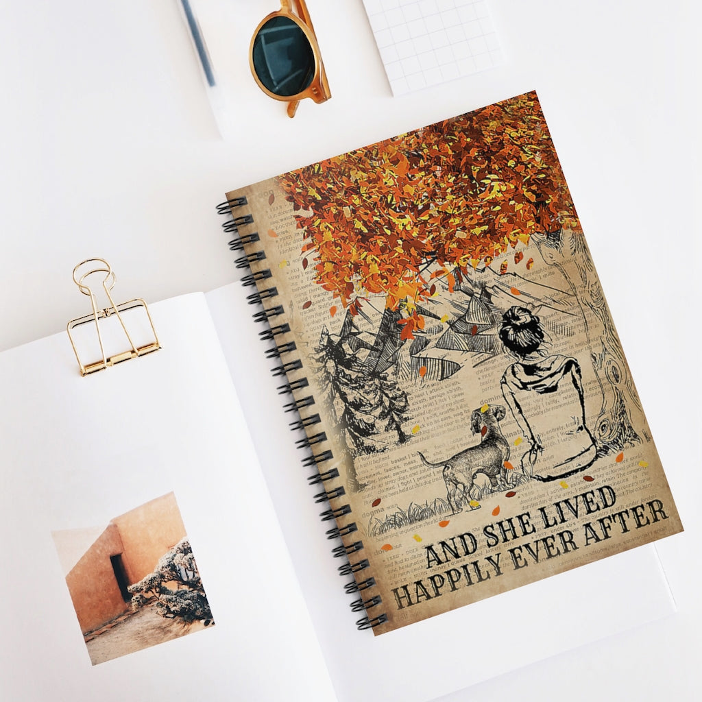 Spiral Notebook - Ruled Line Poster Fall Tree Dictionary Dachshund Lived Happily Awesome Happy Birthday Gift Meaningful Quote Wide Rule School Smart Spiral Composit