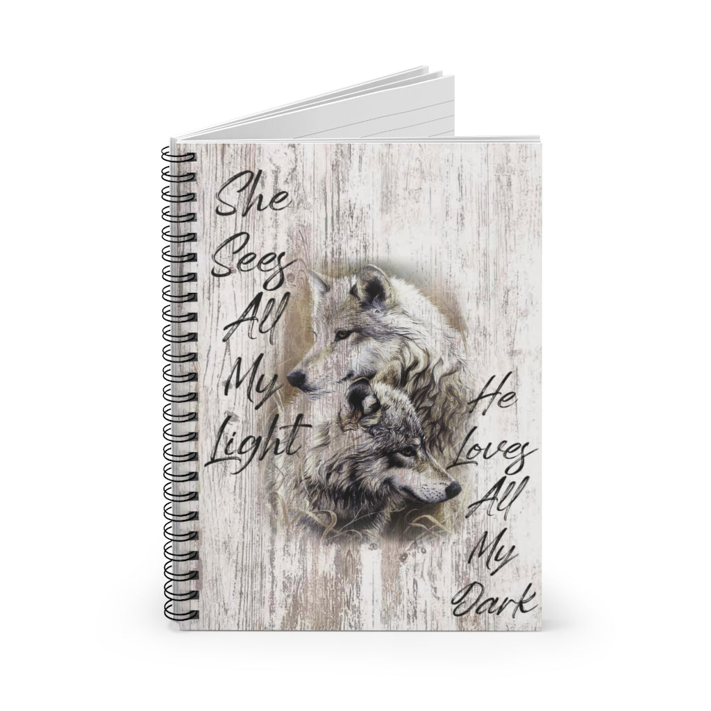 Spiral Notebook - Ruled Line Inspirational Notebook Wolf - She Sees All My Light Perfect Happy Birthday Gift On Christmas Inspirational to My Family Friend Gift Unisex