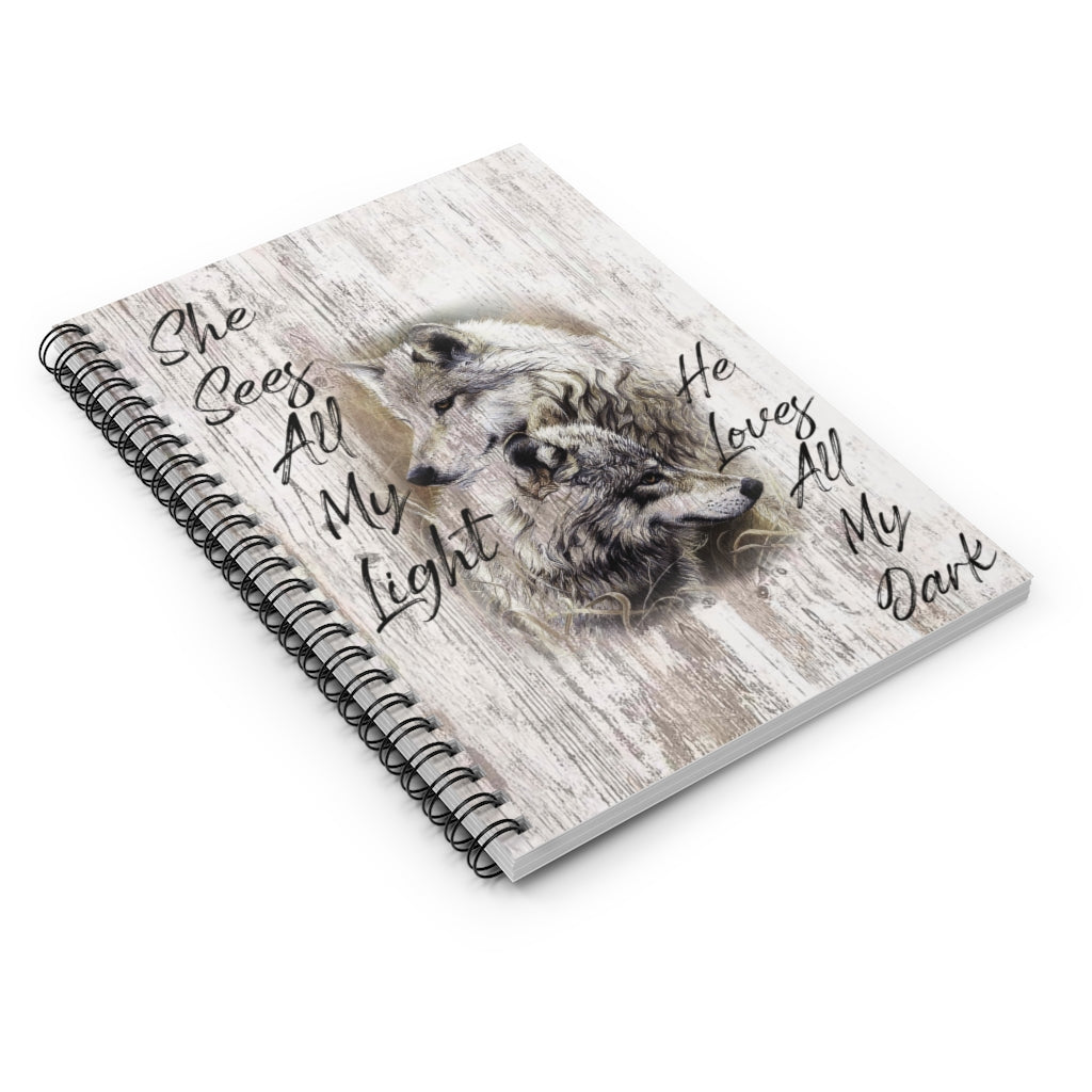 Spiral Notebook - Ruled Line Inspirational Notebook Wolf - She Sees All My Light Perfect Happy Birthday Gift On Christmas Inspirational to My Family Friend Gift Unisex