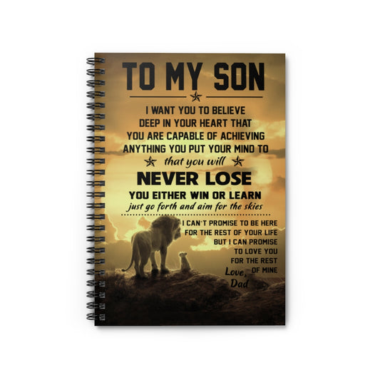 Spiral Notebook Meaningful Quote The Lion King Dad to My Son Promise to Love You Family Friend Gift Unisex, Awesome Birthday Perfect Happy Birthday Gift Ruled Line
